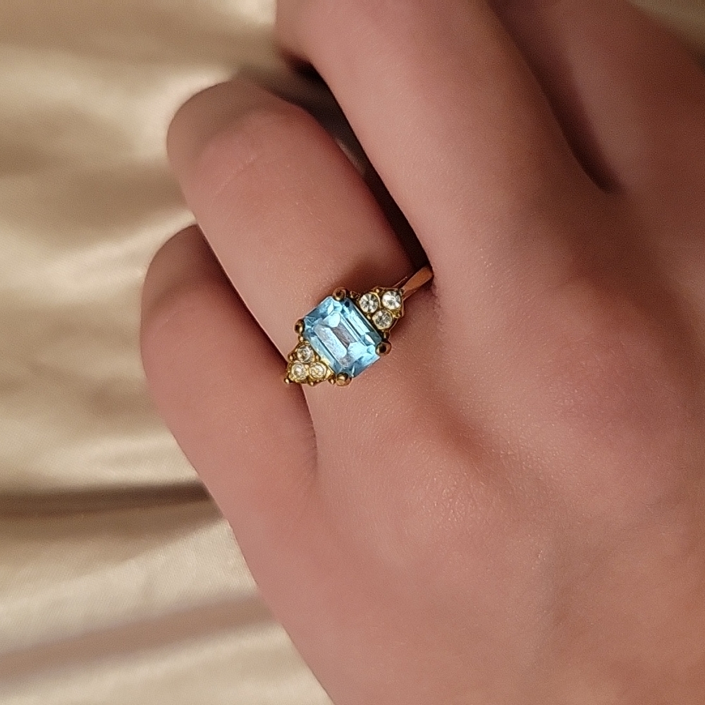Pretty Blue Aquamarine Gold Plated Ring With Clear Swarovski Crystals
